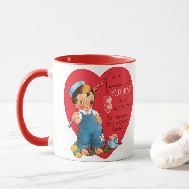 Retro Valentine's Day, Vintage Boy Fishing Hearts Mug (With Donut)