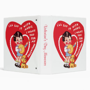 Retro Valentine's Day, Vintage Boy Music Banjo 3 Ring Binder