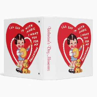 Retro Valentine's Day, Vintage Boy Music Banjo 3 Ring Binder