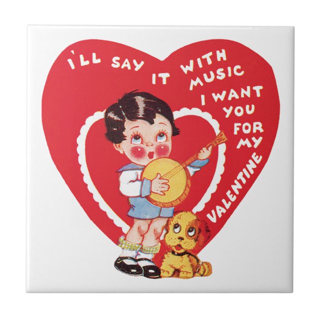 Retro Valentine's Day, Vintage Boy Music Banjo Tile (Front)