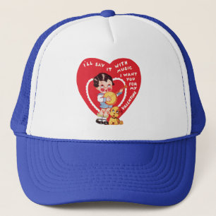Retro Valentine's Day, Vintage Boy Music Banjo Trucker Hat