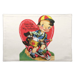 Retro Valentine's Day, Vintage Boy on a Scooter Cloth Placemat