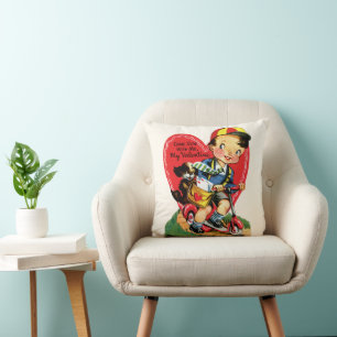 Retro Valentine's Day, Vintage Boy on a Scooter Throw Pillow