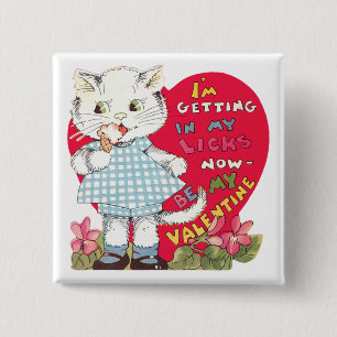 Retro Valentine's Day Vintage Cat Eating Ice Cream Button