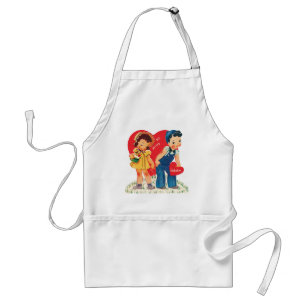 Retro Valentine's Day, Vintage Girl and Boy Hearts Adult Apron