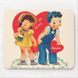 Retro Valentine's Day, Vintage Girl and Boy Hearts Mouse Pad