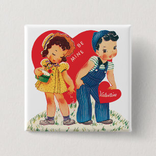 Retro Valentine's Day, Vintage Girl and Boy Hearts Pinback Button