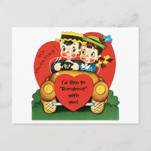Retro Valentine's Day, Vintage Girl and Boy in Car Holiday Postcard