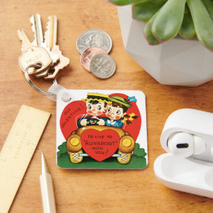 Retro Valentine's Day, Vintage Girl and Boy in Car Keychain