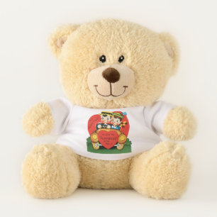 Retro Valentine's Day, Vintage Girl and Boy in Car Teddy Bear