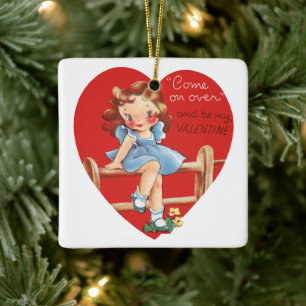 Retro Valentine's Day, Vintage Girl on a Fence Ceramic Ornament