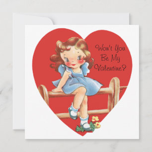 Retro Valentine's Day, Vintage Girl on a Fence Holiday Card