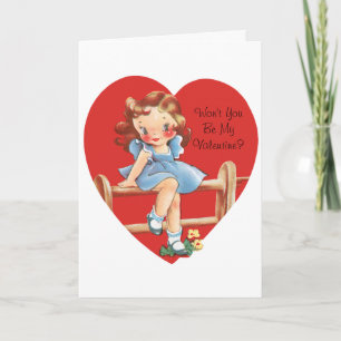 Retro Valentine's Day, Vintage Girl on a Fence Holiday Card