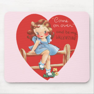 Retro Valentine's Day, Vintage Girl on a Fence Mouse Pad