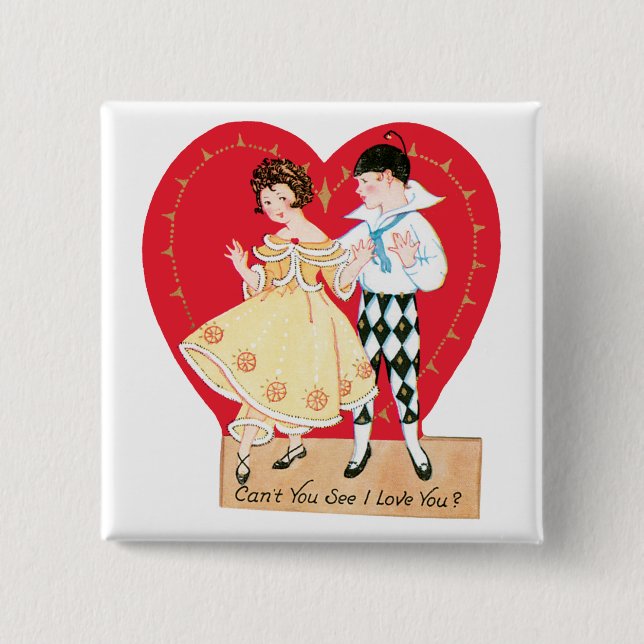 Retro Valentine's Day, Vintage Harlequin and Heart Button (Front)