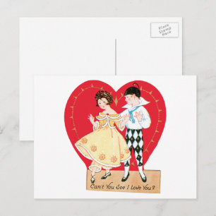Retro Valentine's Day, Vintage Harlequin and Heart Holiday Postcard