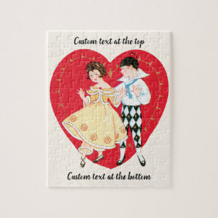 Retro Valentine's Day, Vintage Harlequin and Heart Jigsaw Puzzle