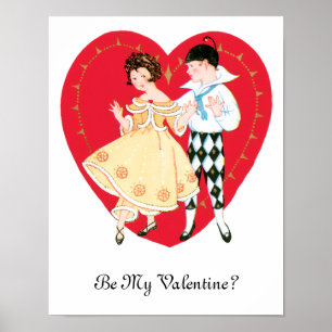 Retro Valentine's Day, Vintage Harlequin and Heart Poster