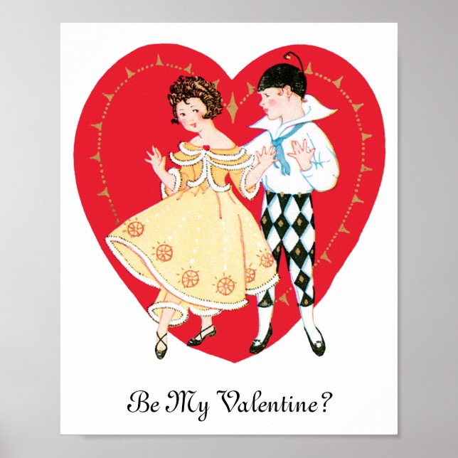 Retro Valentine's Day, Vintage Harlequin and Heart Poster (Front)
