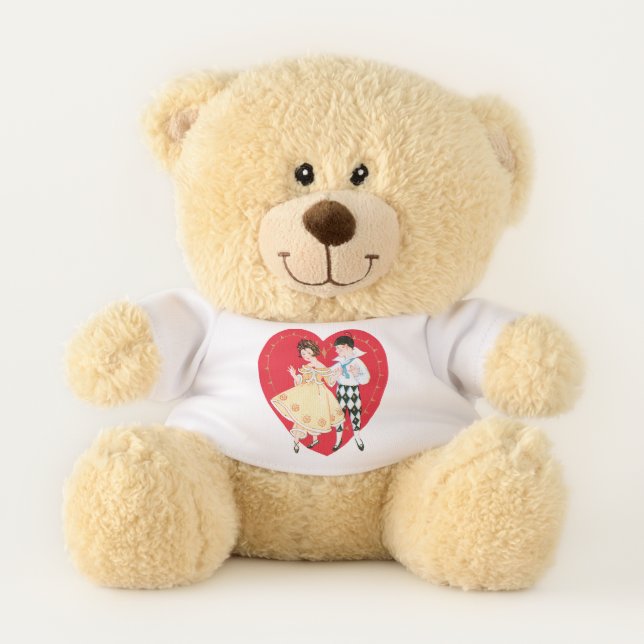 Retro Valentine's Day, Vintage Harlequin and Heart Teddy Bear (Front)