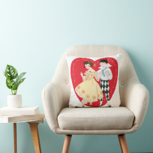 Retro Valentine's Day, Vintage Harlequin and Heart Throw Pillow