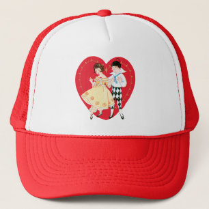 Retro Valentine's Day, Vintage Harlequin and Heart Trucker Hat