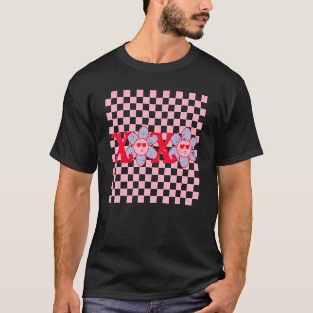Retro Valentines Day XoXo Checkered Happy Face Flo T-Shirt (Front)