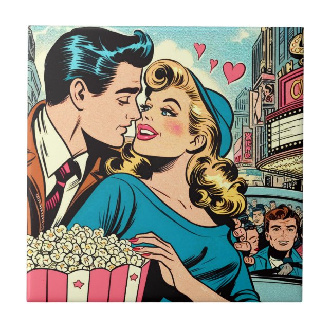 Retro Valentine's Love Couple Comics Ceramic Tile (Front)