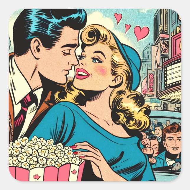 Retro Valentine's Love Couple Comics Square Sticker (Front)