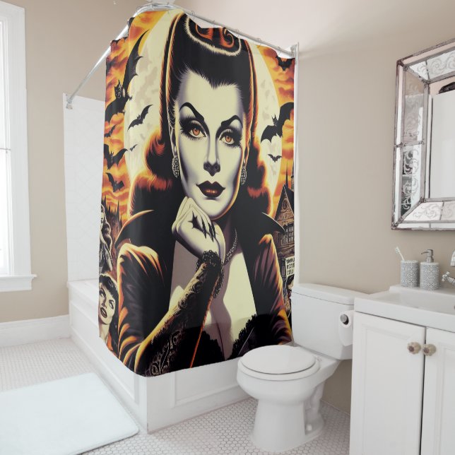 Retro Vampire Woman Shower Curtain (In Situ)