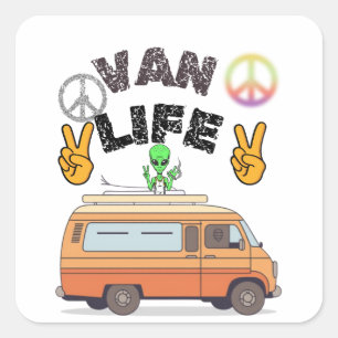 Retro van life alien camper peace sign design square sticker