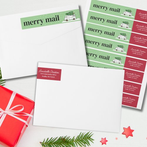 Retro Van Merry Mail Christmas Green and Red Wrap Around Label
