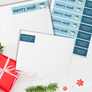 Retro Van Merry Mail Christmas Tree Snow Winter Wrap Around Label