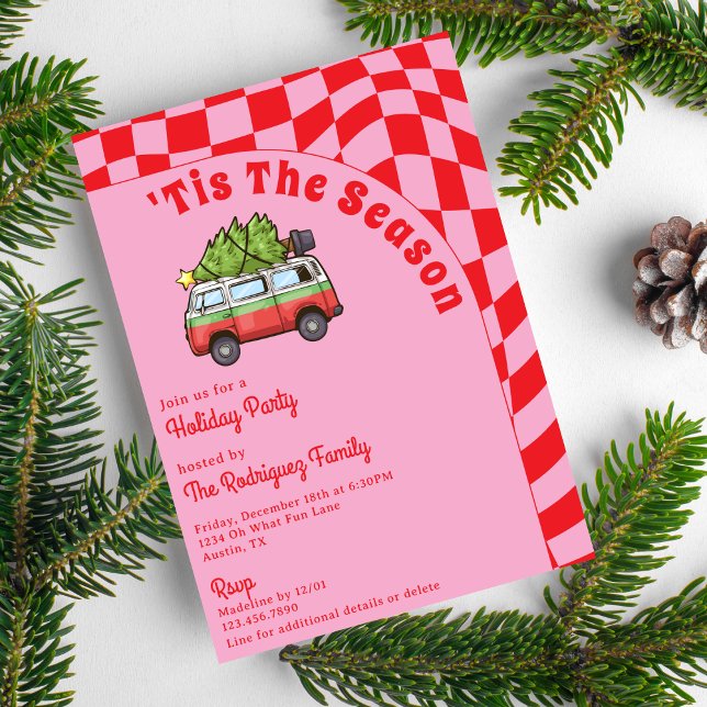 Retro Van Red Pink Checkerboard Christmas Party  Invitation (Creator Uploaded)