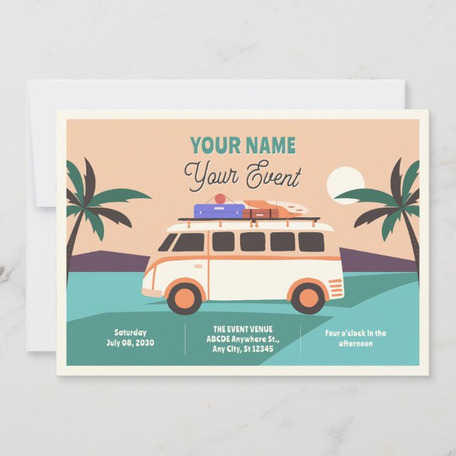 Retro van summer traveling  invitation (Front)