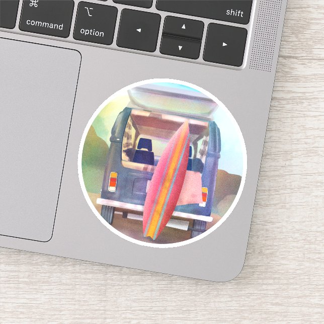 Retro Van Surfboard Beach California Vibes Sticker (Detail)