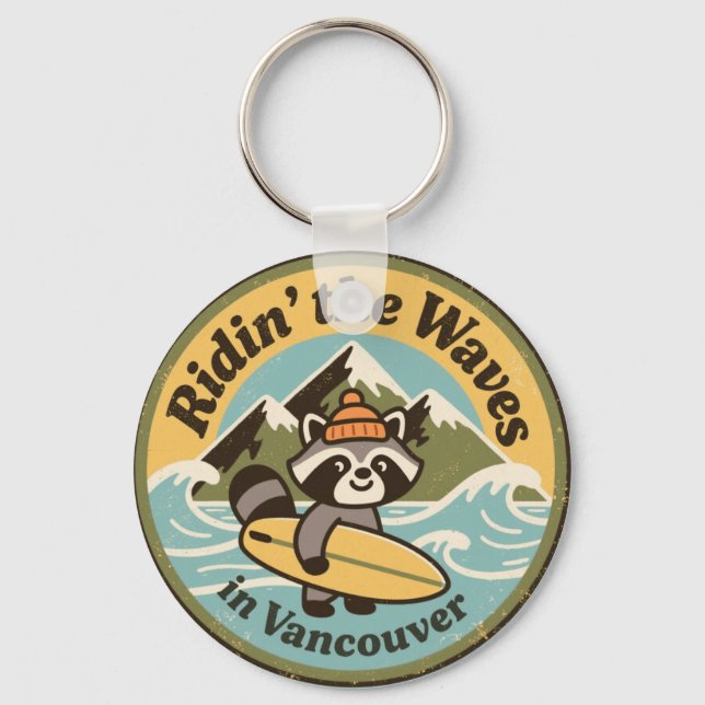 Retro Vancouver Surfing Raccoon Keychain (Front)