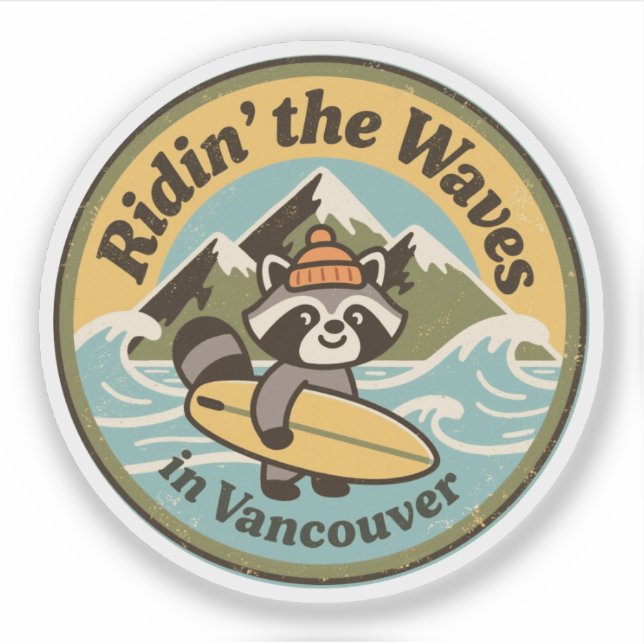 Retro Vancouver Surfing Raccoon Sticker (Front)
