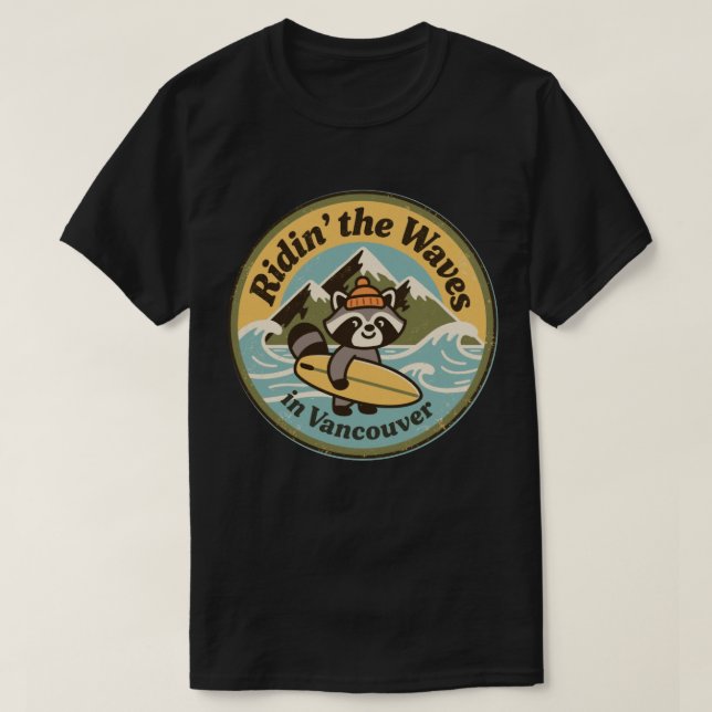 Retro Vancouver Surfing Raccoon T-Shirt (Design Front)
