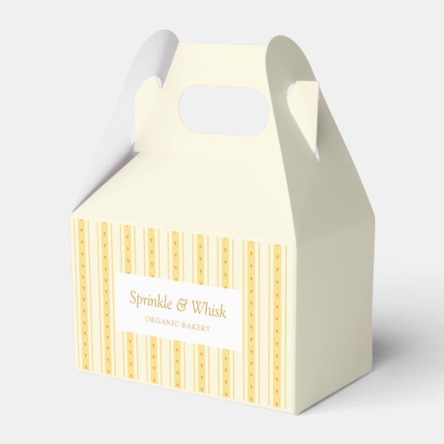 Retro Vanilla Yellow Heart Stripes Bakery Business Favor Boxes (Front Side)