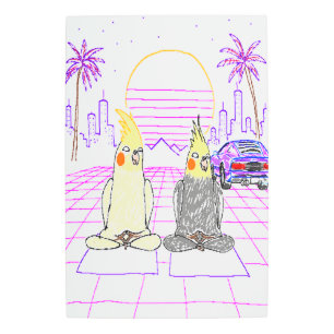 Retro Vaporwave Cockatiels Metal Wall Art