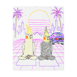 Retro Vaporwave Cockatiels Metal Wall Art