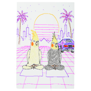 Retro Vaporwave Cockatiels Metal Wall Art