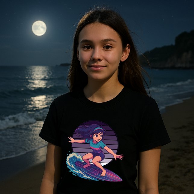 Retro Vaporwave Moon Surfer Anime Girl T-Shirt (Creator Uploaded)