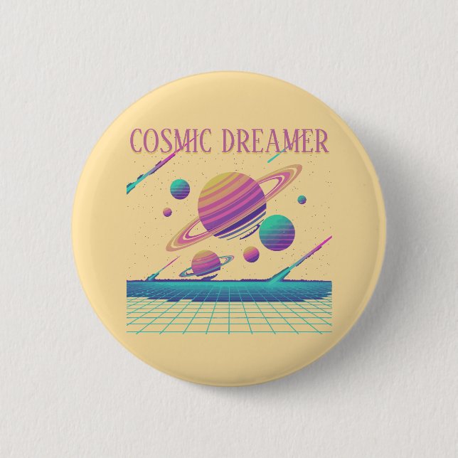Retro Vaporwave Planets Synthwave Button (Front)