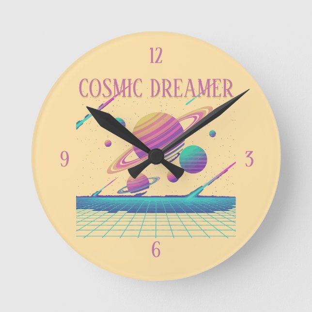 Retro Vaporwave Planets Synthwave Round Clock (Front)