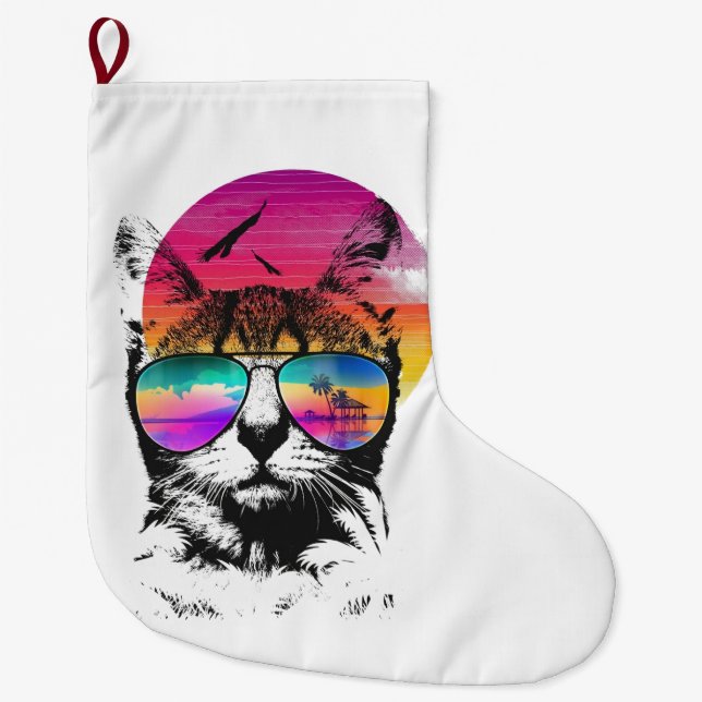 Retro Vaporwave Sunset Cat – 80s Synthwave  Large Christmas Stocking (Front)