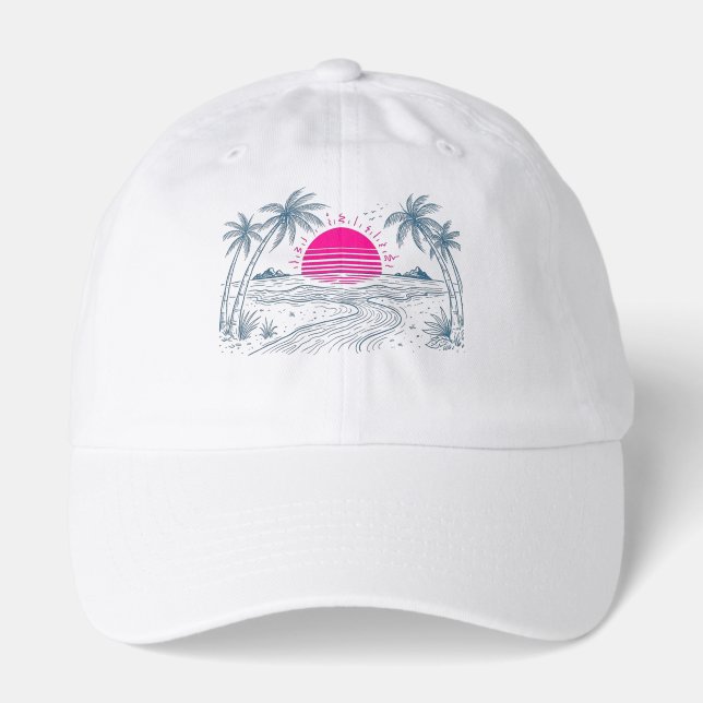 Retro  Vaporwave Sunset Palm Tree Beach Aesthetic Hat (Front)