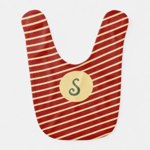 Retro Varsity Crimson Red & Cream Stripes Monogram Baby Bib