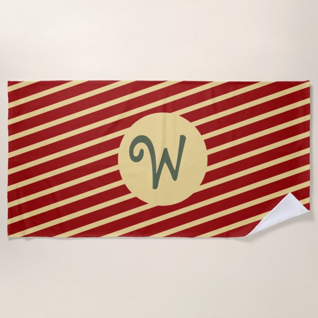 Retro Varsity Crimson Red & Cream Stripes Monogram Beach Towel (Front)